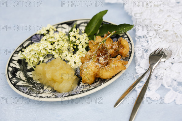 Swabian cuisine, elderberry cakes with apple sauce, Hollerkiacherl, elderflowers in pastry,