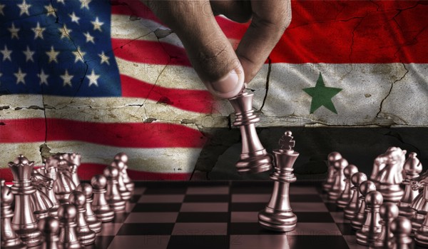 USA vs Yemen flag concept on chessboard. Conflict between USA and Yemen on pieces of chessboard.