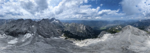 Alpine panorama, aerial view, 360° view from the Alpspitze, high mountains, Bavaria, Germany,