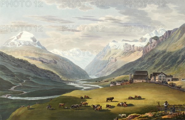 View of the village of Hinterrhein and the first bridge over the inner Rhine, taken in the