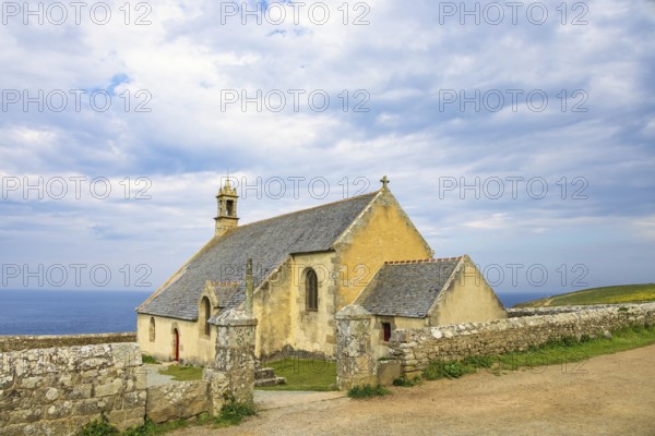 Old Chapelle Saint-They at Pointe du Van in Bretagne with a seascape view, Crozon peninsula,