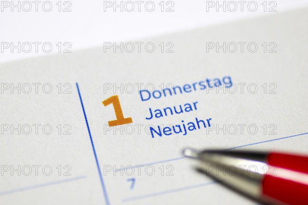 Calendar entry for 1 January as New Year's Day with red pen, diary, Germany, Europe