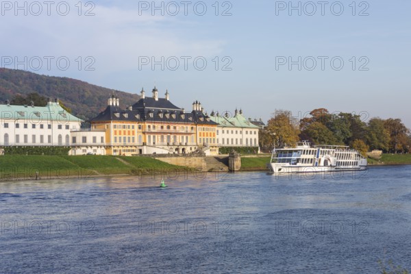 Excursion steamer Gräfin Cosel in front of the water palace of Pillnitz Castle, seen across the