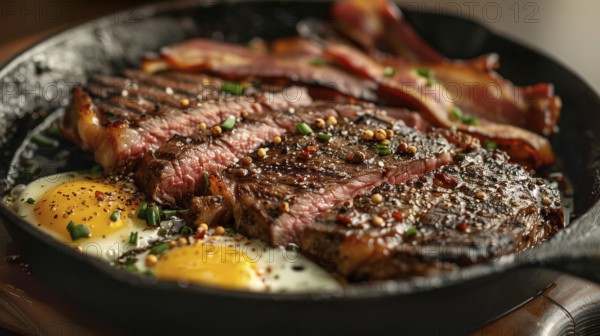 Cast iron pan with thick steak and eggs cooking. generative AI, AI generated