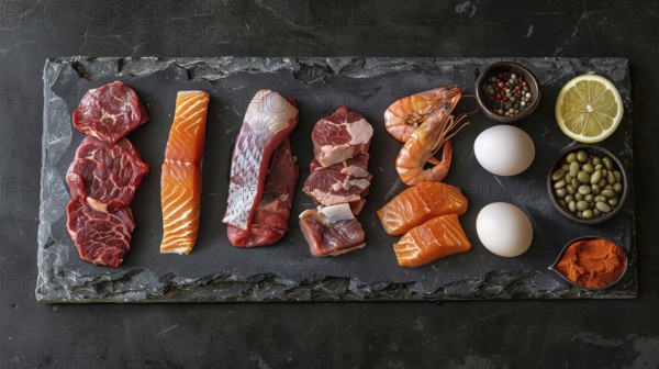 All meat, fish and eggs platter overhead. generative AI, AI generated