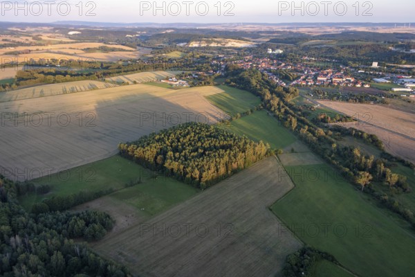 View from a hot-air balloon of open-cast mining, gypsum mining, wind turbines, Ellrich, Thuringia,
