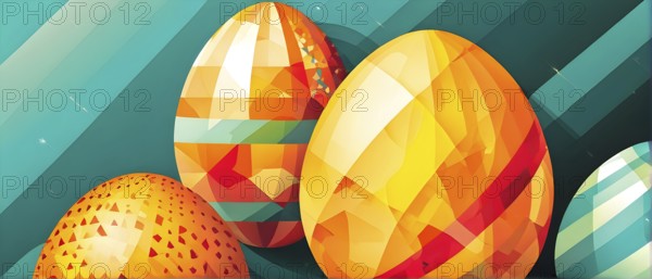 Abstract Easter egg design with geometric patterns, bold colors, and a mix of textures, creating a
