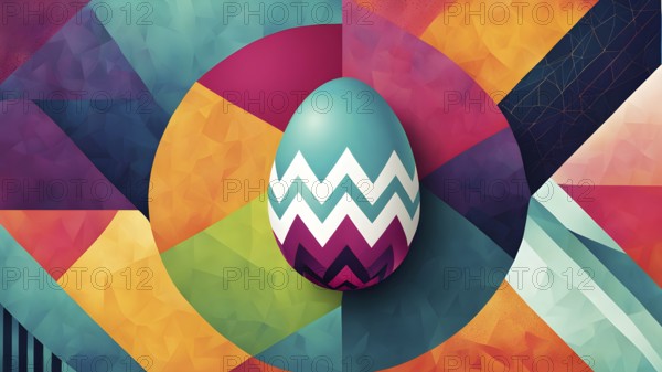 Abstract Easter egg design with geometric patterns, bold colors, and a mix of textures, creating a
