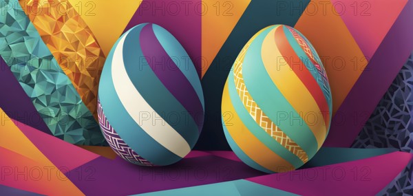 Abstract Easter egg design with geometric patterns, bold colors, and a mix of textures, creating a