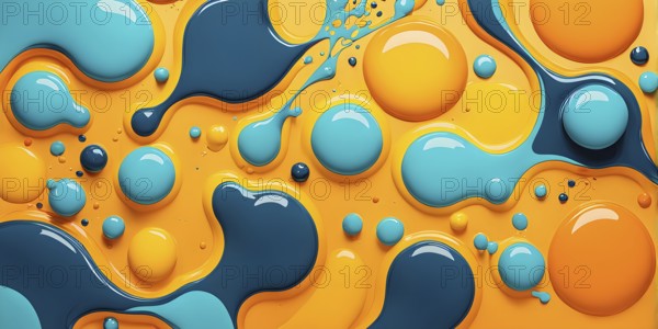 Abstract wallpaper with colorful turquoise and yellow blobs and liquid shapes on a orange