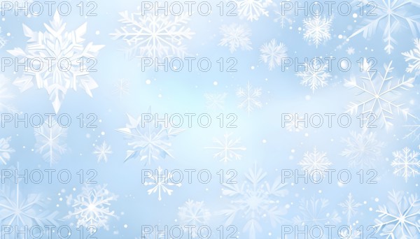 Abstract pattern of snowflakes in varying sizes and shapes in soft white and blue gradients, AI