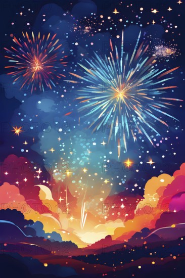 Wallpaper illustration of an explosion of vibrant fireworks colors in a night sky, symbol for happy