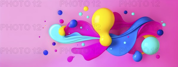 Abstract image with colorful yellow and turquoise blobs and liquid shapes on a pink background, AI