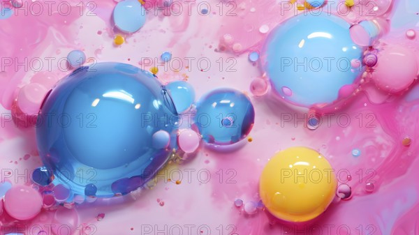 Abstract image with colorful yellow and turquoise blobs and liquid shapes on a pink background, AI