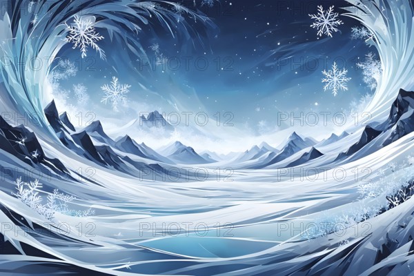 Abstract illustration of dreamy, icy landscape with swirling blues, whites, and silvers, evoking