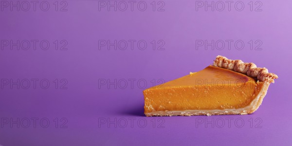 Banner with single slice of pumpkin pie on purple background with copy space. Generative Ai, AI