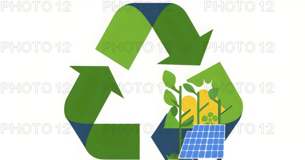 Recycling symbol morphing into growing plants and solar cells to symbolize the transformation of