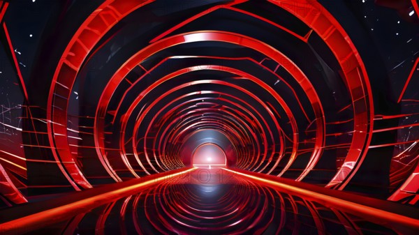 Abstract geometric pattern tunnel structure embodying data streams and communication in red hues,