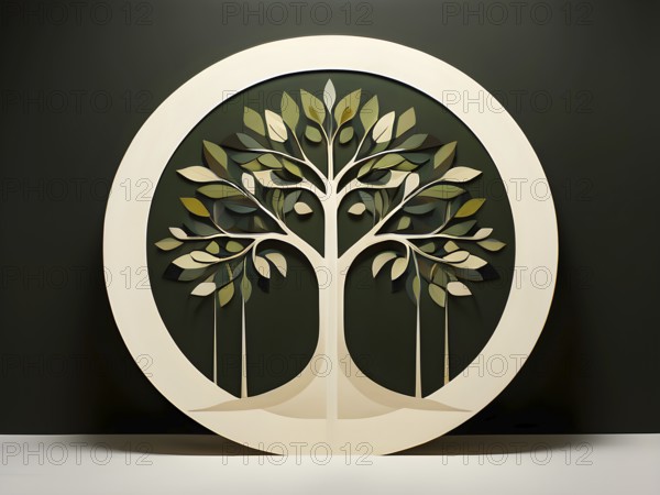 Abstract geometric tree with a circular canopy and a rectangular trunk, arranged in a clean,