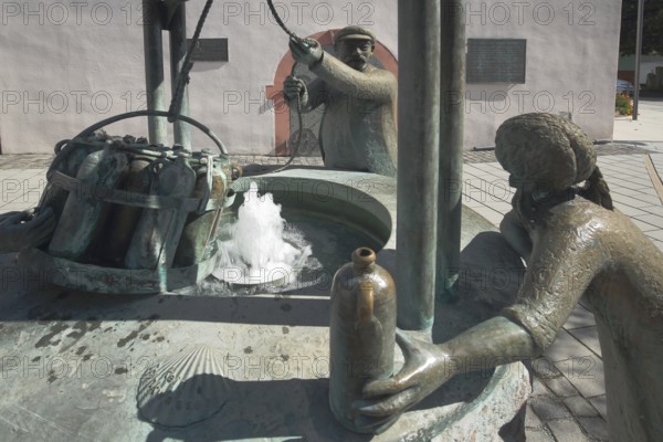 Drawing fountain from 1999 with sculptures and monument to mineral water town history, water,