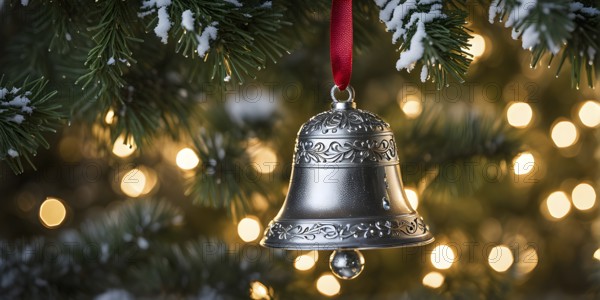 Vintage Christmas bell ornament hanging on a snow-dusted evergreen branch, capturing the intricate