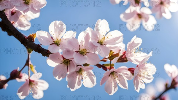 Blooming cherry blossoms with soft pink petals against a clear blue sky, with delicate sunlight
