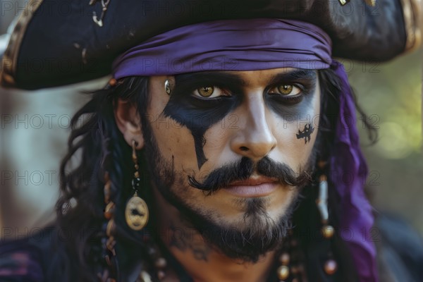 Portrait of a man artistically adorned with a halloween pirate costume and face makeup, AI