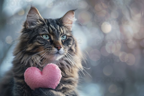 Cute tabby cat holding pink plush heart with paw. Generative Ai, AI generated