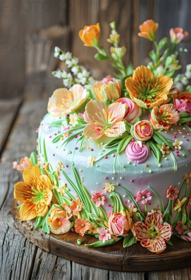 Decorated Easter cake with intricate icing flowers and colorful sprinkles, placed on a rustic