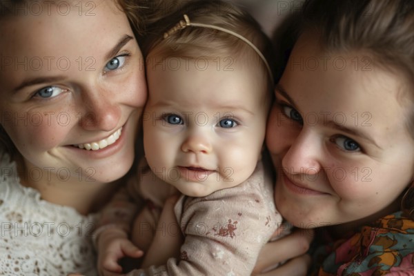 Happy Caucasian female homosexual couple with young child. Generative Ai, AI generated