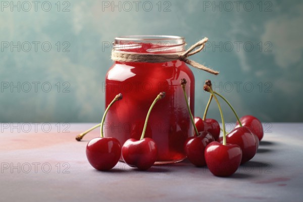 Jar with cherry jam. KI generiert, generiert AI generated