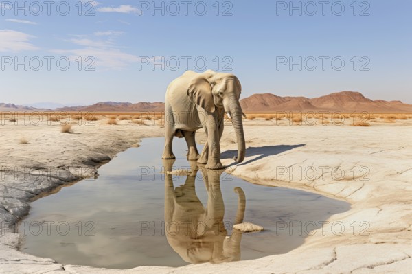 Desert elephant reflecting in a water pond, Africa, AI generated