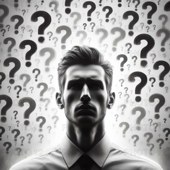 A man whose head is buzzing with question marks, symbolic image knowledge, question, question mark,