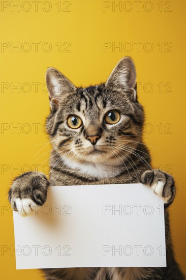 Tabby cat holding empty white sign in front of studio background. KI generiert, generiert, AI