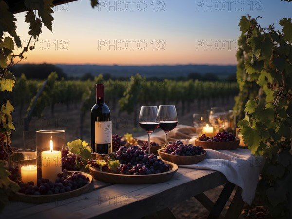 AI generated wine tasting table setup with wine and vine grapes nestled subtly amidst a thriving
