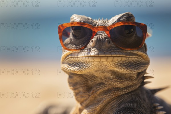 Funny lizard with sunglasses on beach. KI generiert, generiert, AI generated