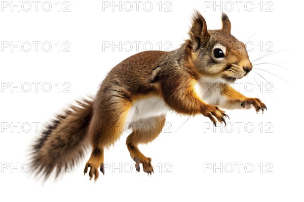 Agile european squirrel mid leap its bushy tail extended for balance, isolated on white background,