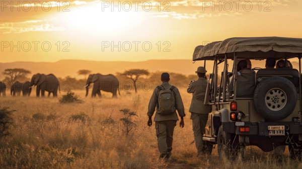 Jeep staged near majestic elephants grazing in the sweeping expanse of the african savanna, AI