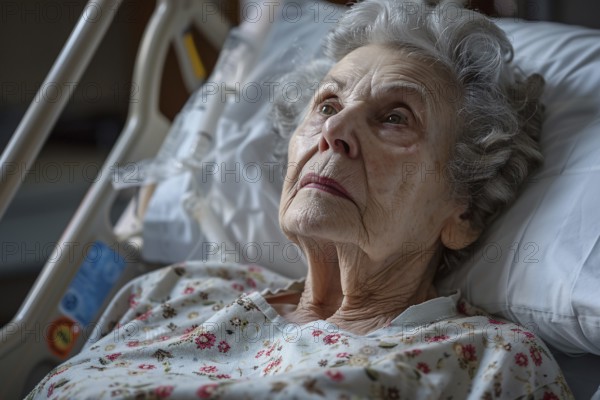 Very old woman lying in bed in hospital or retirement home. KI generiert, generiert, AI generated