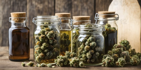 Glass jar filled with dried cannabis buds and oil on a weathered wooden counter, AI generated