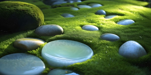 Zen garden bathed in the soft glow of dawn as a serene symbol for relaxation, AI generated