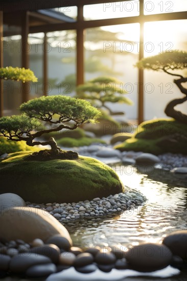 Zen garden bathed in the soft glow of dawn as a serene symbol for relaxation, AI generated