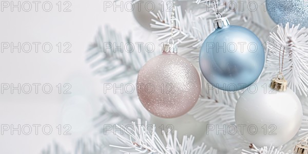Close up of beautiful iridescent bauble ornaments on branches of white christmas tree. Generative