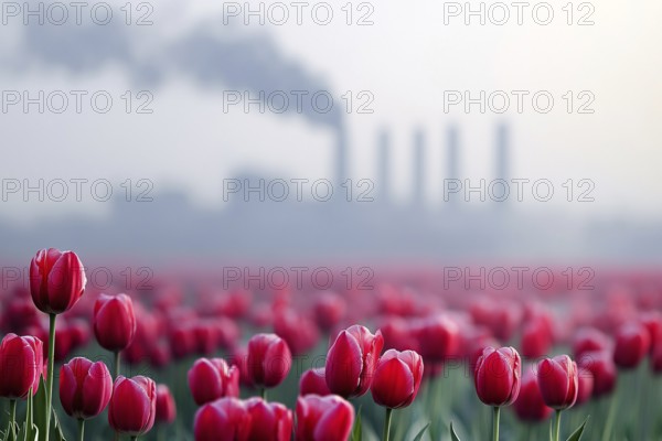 Field with tulip flowers and factory with grey fumes in background. Generative Ai, AI generated