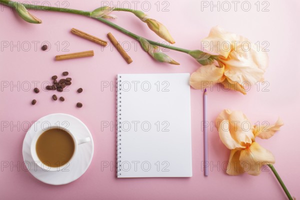 Orange iris flowers and a cup of coffee with notebook on pastel pink background. Morninig, spring,
