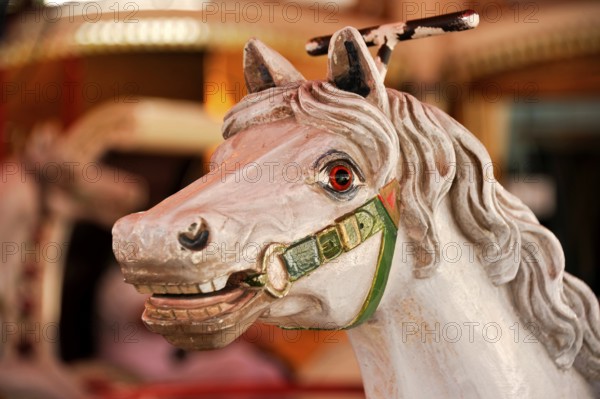 Animal figure, wooden horse, wooden horse in an old carousel, historic Oktoberfest, Oktoberfest,