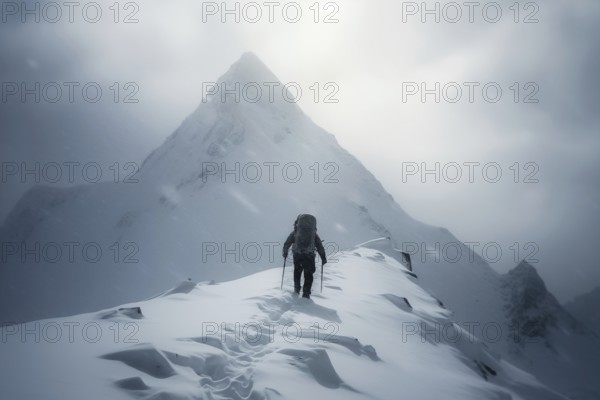 A mountaineer in mountains approaching a majestic snowy mountain peak amidst a snowfall and snow