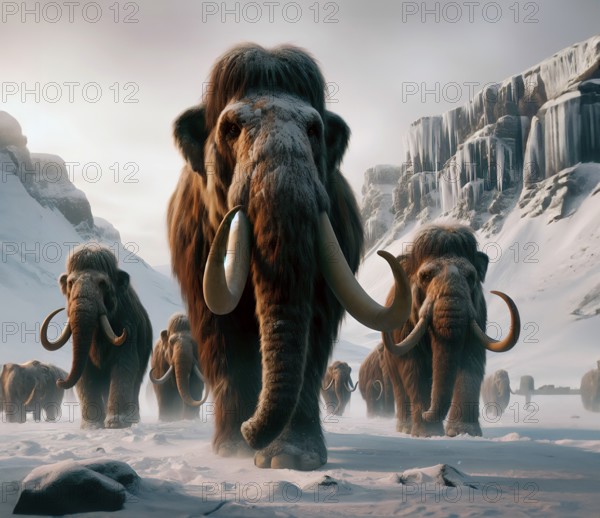 Prehistory, prehistory, a herd of mammoths (Mammuthus) in the prehistoric cold steppe tundra,