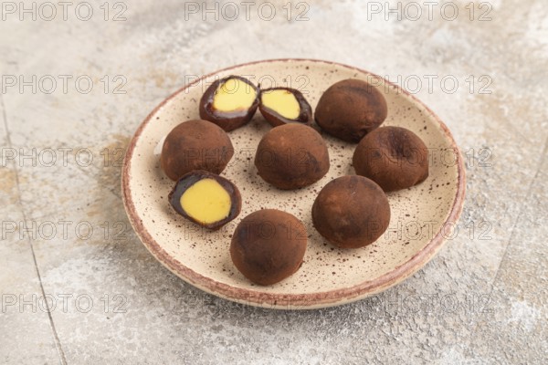 Japanese rice sweet buns chocolate mochi filled with cream on brown concrete background. side view