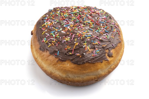 Homemade glazed and decorated chocolate easter pie isolated on a white background. Side view, close